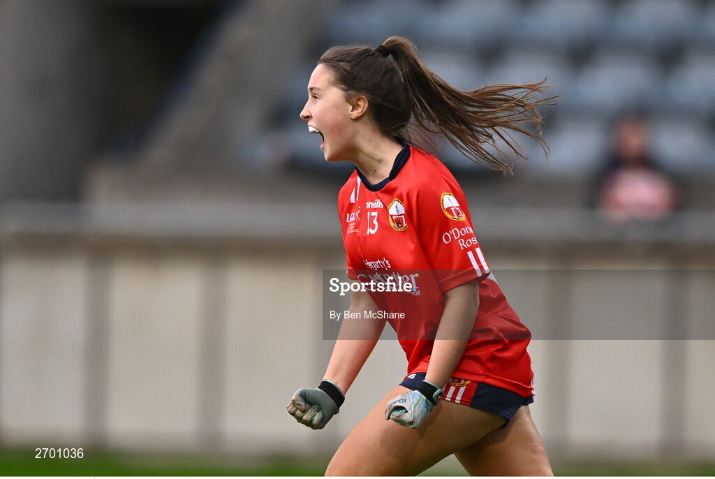 17 December 2023; Éabha O'Donovan of O'Donovan Rossa celebrates after scoring her side's second goal during the Currentaccount.ie LGFA All-Ireland Junior Club Championship final match between Claremorris of Mayo and O'Donovan Rossa of Cork at Parnell Park in Dublin. Photo by Ben McShane/Sportsfile