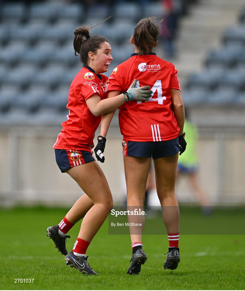 17 December 2023; Éabha O'Donovan of O'Donovan Rossa celebrates with teammate Kate O'Donovan, right, after scoring their side's second goal during the Currentaccount.ie LGFA All-Ireland Junior Club Championship final match between Claremorris of Mayo and O'Donovan Rossa of Cork at Parnell Park in Dublin. Photo by Ben McShane/Sportsfile