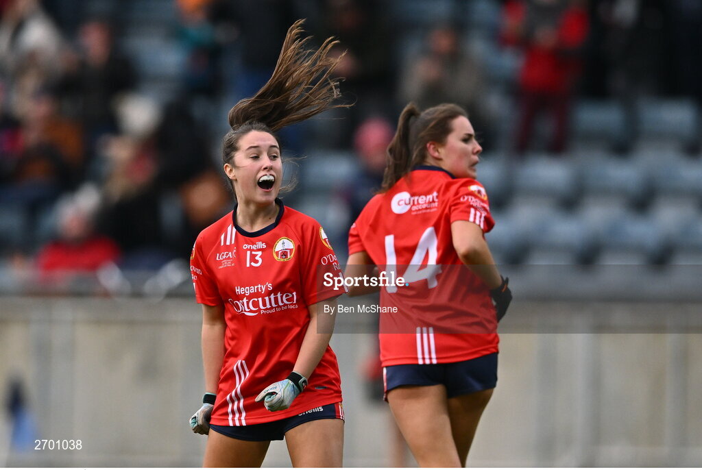 17 December 2023; Éabha O'Donovan of O'Donovan Rossa celebrates with teammate Kate O'Donovan, right, after scoring their side's second goal during the Currentaccount.ie LGFA All-Ireland Junior Club Championship final match between Claremorris of Mayo and O'Donovan Rossa of Cork at Parnell Park in Dublin. Photo by Ben McShane/Sportsfile