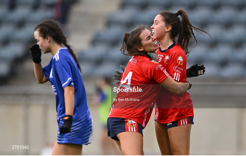 17 December 2023; Éabha O'Donovan of O'Donovan Rossa celebrates with teammate Kate O'Donovan, left, after scoring their side's second goal during the Currentaccount.ie LGFA All-Ireland Junior Club Championship final match between Claremorris of Mayo and O'Donovan Rossa of Cork at Parnell Park in Dublin. Photo by Ben McShane/Sportsfile