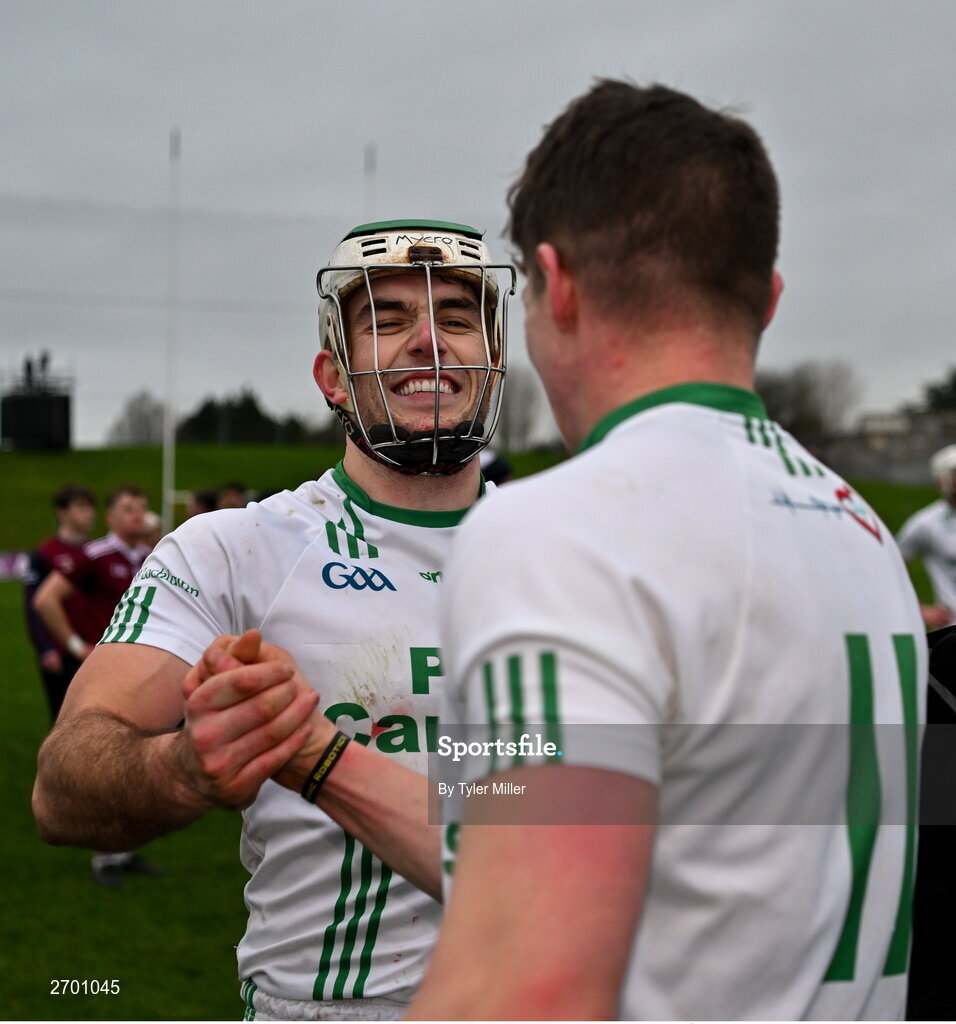 17 December 2023; Paddy Deegan of O’Loughlin Gaels, left, and team-mate Eoin O’Shea celebrate after their side's victory in the AIB GAA Hurling All-Ireland Club Championship semi-final match between O'Loughlin Gaels, Kilkenny, and Ruairí Óg Cushendall, Antrim, at Páirc Tailteann in Navan, Meath. Photo by Tyler Miller/Sportsfile
