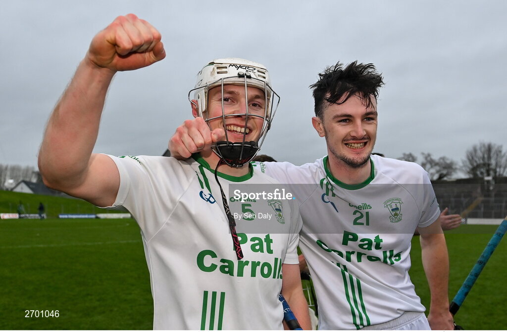 17 December 2023; O'Loughlin Gaels players David Fogarty, left, and Conor Kelly celebrate after their side's victory in the AIB GAA Hurling All-Ireland Club Championship semi-final match between O'Loughlin Gaels, Kilkenny, and Ruairí Óg Cushendall, Antrim, at Páirc Tailteann in Navan, Meath. Photo by Seb Daly/Sportsfile