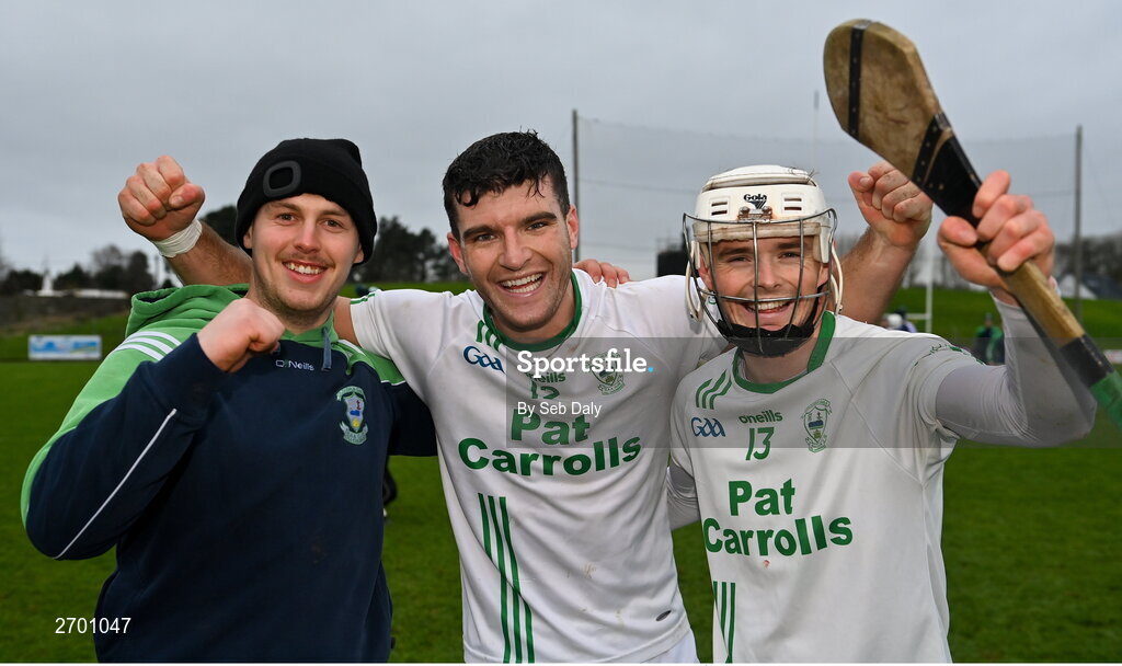 17 December 2023; O'Loughlin Gaels players, from left, Jamie Young, Conor Heary and Owen Wall celebrate after their side's victory in the AIB GAA Hurling All-Ireland Club Championship semi-final match between O'Loughlin Gaels, Kilkenny, and Ruairí Óg Cushendall, Antrim, at Páirc Tailteann in Navan, Meath. Photo by Seb Daly/Sportsfile