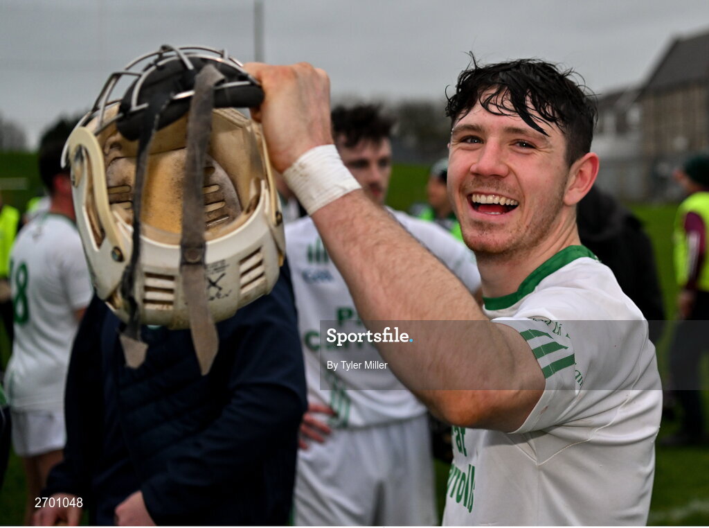17 December 2023; Jordan Molloy of O’Loughlin Gaels celebrates after his side's victory in the AIB GAA Hurling All-Ireland Club Championship semi-final match between O'Loughlin Gaels, Kilkenny, and Ruairí Óg Cushendall, Antrim, at Páirc Tailteann in Navan, Meath. Photo by Tyler Miller/Sportsfile