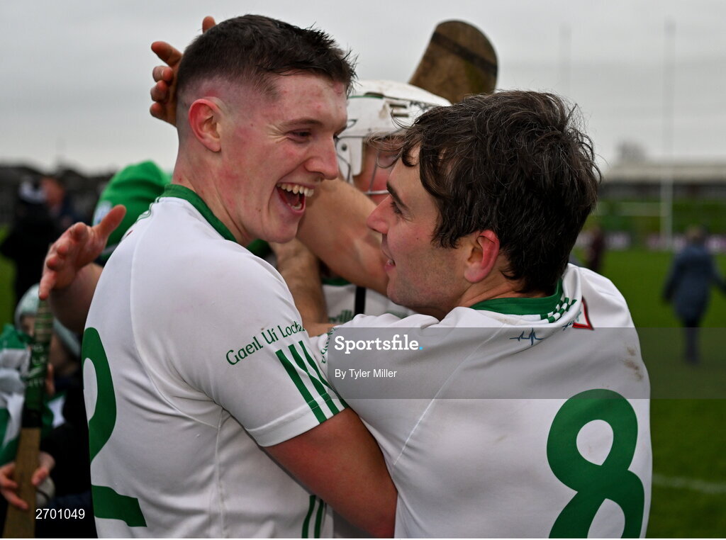 17 December 2023; Luke Hogan of O’Loughlin Gaels, left, and team-mate Jack Nolan celebrate after their side's victory in the AIB GAA Hurling All-Ireland Club Championship semi-final match between O'Loughlin Gaels, Kilkenny, and Ruairí Óg Cushendall, Antrim, at Páirc Tailteann in Navan, Meath. Photo by Tyler Miller/Sportsfile