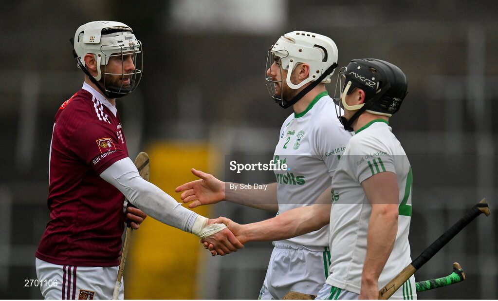 17 December 2023; Neil McManus of Ruairí Óg Cushendall shakes hands with O'Loughlin Gaels players Tony Forristal, centre, and Mikey Butler after the AIB GAA Hurling All-Ireland Club Championship semi-final match between O'Loughlin Gaels, Kilkenny, and Ruairí Óg Cushendall, Antrim, at Páirc Tailteann in Navan, Meath. Photo by Seb Daly/Sportsfile