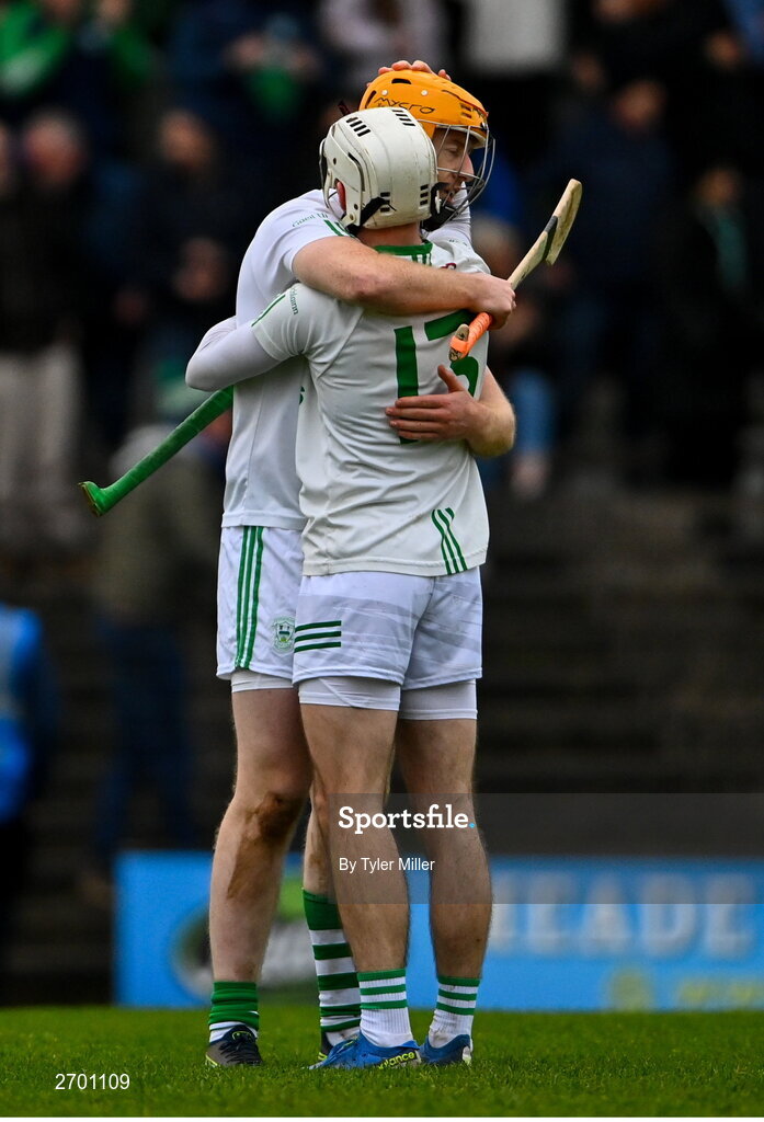 17 December 2023; Paddy Butler of O’Loughlin Gaels, left, and team-mate Owen Wall celebrate after their side's victory in the AIB GAA Hurling All-Ireland Club Championship semi-final match between O'Loughlin Gaels, Kilkenny, and Ruairí Óg Cushendall, Antrim, at Páirc Tailteann in Navan, Meath. Photo by Tyler Miller/Sportsfile