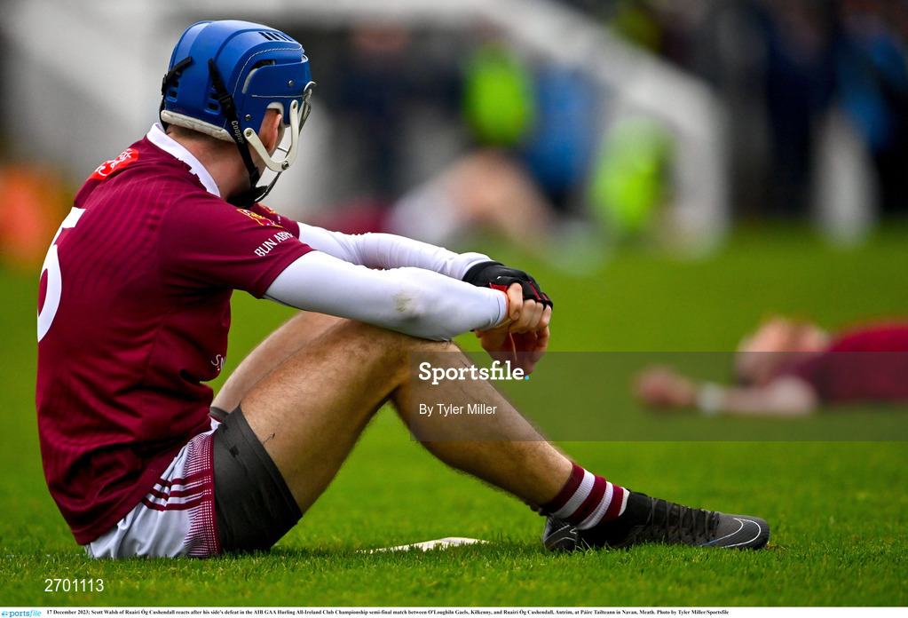 17 December 2023; Scott Walsh of Ruairí Óg Cushendall reacts after his side's defeat in the AIB GAA Hurling All-Ireland Club Championship semi-final match between O'Loughlin Gaels, Kilkenny, and Ruairí Óg Cushendall, Antrim, at Páirc Tailteann in Navan, Meath. Photo by Tyler Miller/Sportsfile
