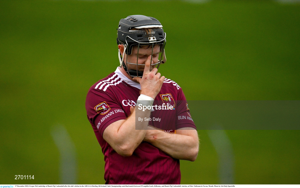 17 December 2023; Fergus McCambridge of Ruairí Óg Cushendall after his side's defeat in the AIB GAA Hurling All-Ireland Club Championship semi-final match between O'Loughlin Gaels, Kilkenny, and Ruairí Óg Cushendall, Antrim, at Páirc Tailteann in Navan, Meath. Photo by Seb Daly/Sportsfile