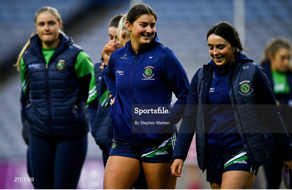 17 December 2023; Sheena Warde, left, and Shannon Corcoran of Sarsfields before the AIB Camogie All-Ireland Senior Club Championship final match between Dicksboro of Kilkenny and Sarsfields of Galway at Croke Park in Dublin. Photo by Stephen Marken/Sportsfile