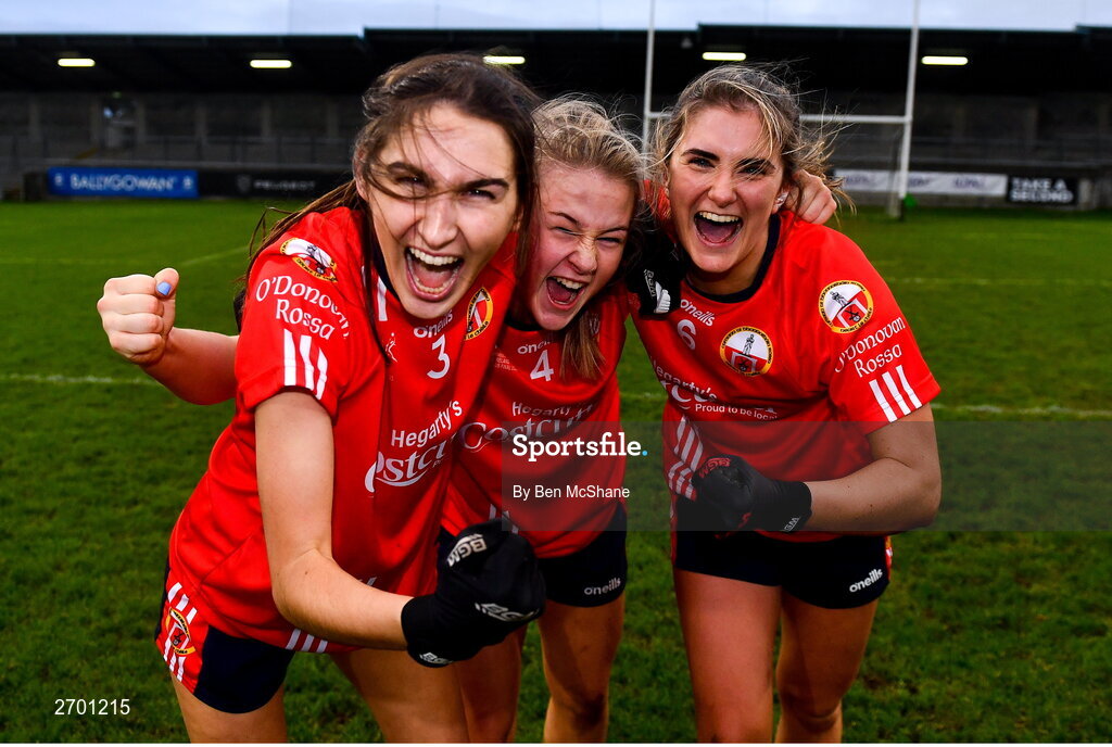 17 December 2023; O'Donovan Rossa players, from left, Emer McCarthy, Allie Tobin and Sarah Hurley celebrate after the Currentaccount.ie LGFA All-Ireland Junior Club Championship final match between Claremorris of Mayo and O'Donovan Rossa of Cork at Parnell Park in Dublin. Photo by Ben McShane/Sportsfile