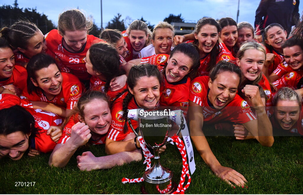 17 December 2023; O'Donovan Rossa players celebrate with the cup after the Currentaccount.ie LGFA All-Ireland Junior Club Championship final match between Claremorris of Mayo and O'Donovan Rossa of Cork at Parnell Park in Dublin. Photo by Ben McShane/Sportsfile