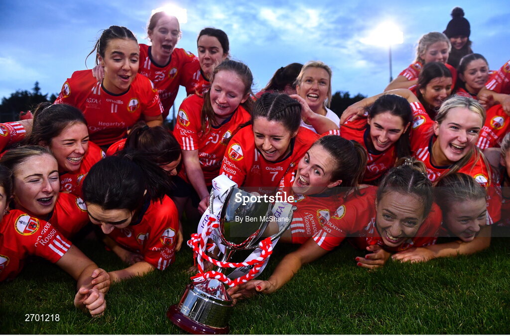 17 December 2023; O'Donovan Rossa players celebrate with the cup after the Currentaccount.ie LGFA All-Ireland Junior Club Championship final match between Claremorris of Mayo and O'Donovan Rossa of Cork at Parnell Park in Dublin. Photo by Ben McShane/Sportsfile