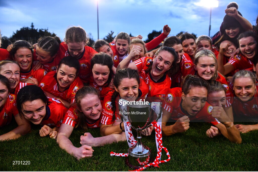 17 December 2023; O'Donovan Rossa players celebrate with the cup after the Currentaccount.ie LGFA All-Ireland Junior Club Championship final match between Claremorris of Mayo and O'Donovan Rossa of Cork at Parnell Park in Dublin. Photo by Ben McShane/Sportsfile
