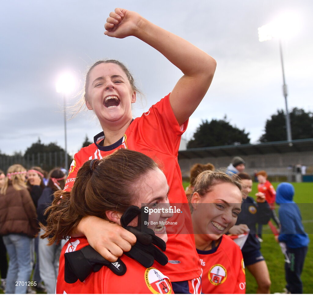 17 December 2023; O'Donovan Rossa captain Lisa Harte, top, is lifted by teammates Fionnuala O'Driscoll, left, and Sharon Stoutt in the celebrations after the Currentaccount.ie LGFA All-Ireland Junior Club Championship final match between Claremorris of Mayo and O'Donovan Rossa of Cork at Parnell Park in Dublin. Photo by Ben McShane/Sportsfile