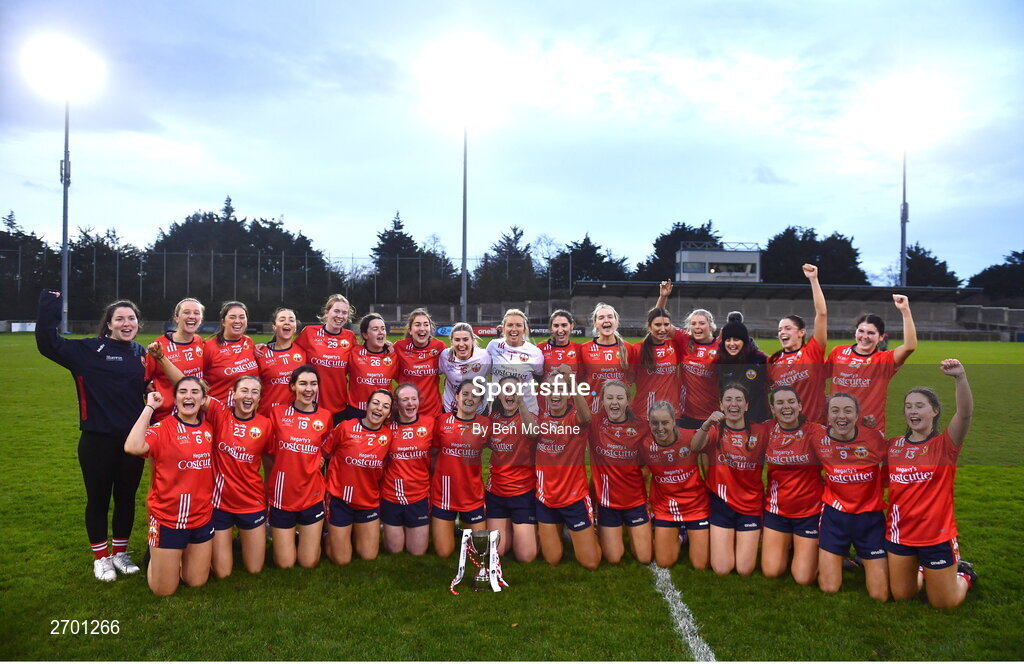 17 December 2023; O'Donovan Rossa players celebrate with the cup after the Currentaccount.ie LGFA All-Ireland Junior Club Championship final match between Claremorris of Mayo and O'Donovan Rossa of Cork at Parnell Park in Dublin. Photo by Ben McShane/Sportsfile