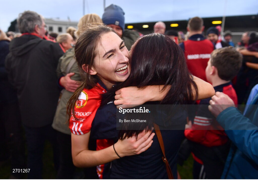17 December 2023; Allie Tobin of O'Donovan Rossa, left, celebrates Nollaig Harte, mother of O'Donovan Rossa captain Lisa Harte, after the Currentaccount.ie LGFA All-Ireland Junior Club Championship final match between Claremorris of Mayo and O'Donovan Rossa of Cork at Parnell Park in Dublin. Photo by Ben McShane/Sportsfile
