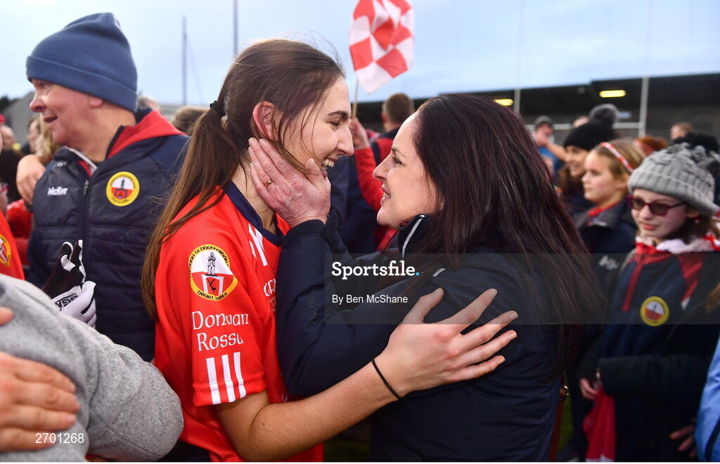 17 December 2023; Allie Tobin of O'Donovan Rossa, left, celebrates Nollaig Harte, mother of O'Donovan Rossa captain Lisa Harte, after the Currentaccount.ie LGFA All-Ireland Junior Club Championship final match between Claremorris of Mayo and O'Donovan Rossa of Cork at Parnell Park in Dublin. Photo by Ben McShane/Sportsfile