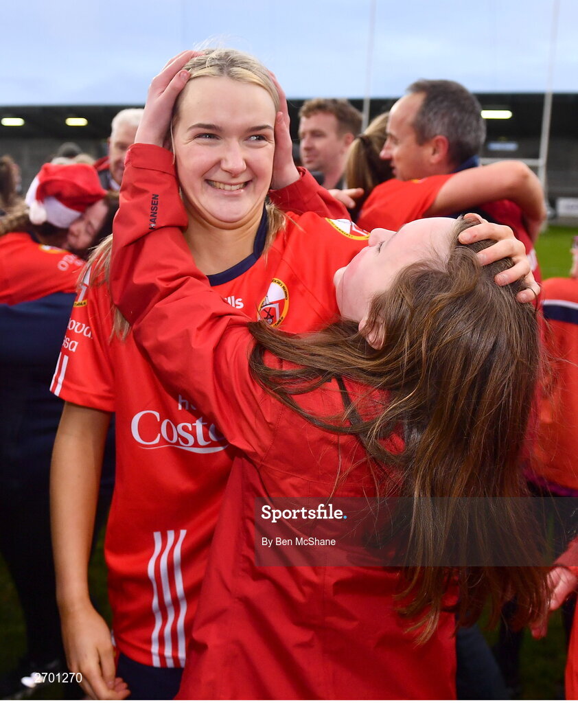 17 December 2023; Jessica Beechinor of O'Donovan Rossa celebrates with supporters after the Currentaccount.ie LGFA All-Ireland Junior Club Championship final match between Claremorris of Mayo and O'Donovan Rossa of Cork at Parnell Park in Dublin. Photo by Ben McShane/Sportsfile
