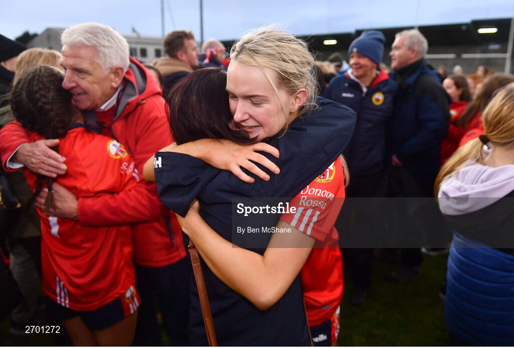 17 December 2023; Jessica Beechinor of O'Donovan Rossa celebrates with supporters after the Currentaccount.ie LGFA All-Ireland Junior Club Championship final match between Claremorris of Mayo and O'Donovan Rossa of Cork at Parnell Park in Dublin. Photo by Ben McShane/Sportsfile