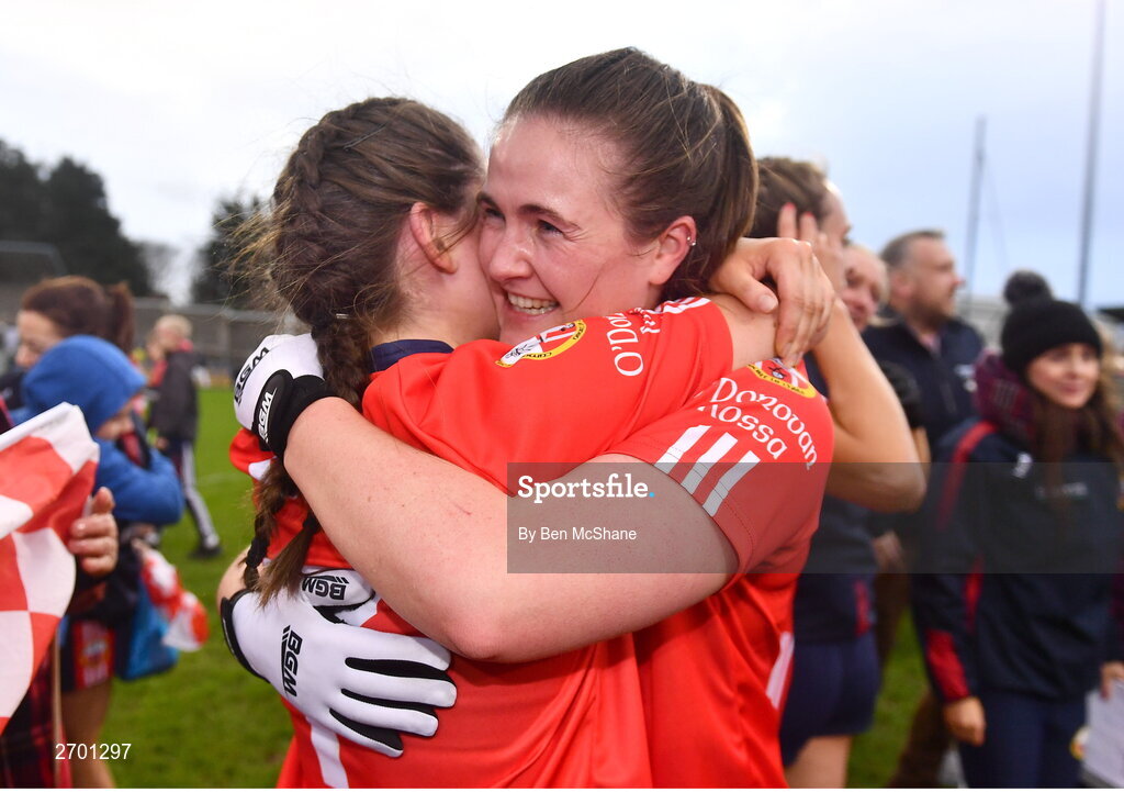 17 December 2023; Fionnuala O'Driscoll, right, and Lisa Harte of O'Donovan Rossa celebrate after the Currentaccount.ie LGFA All-Ireland Junior Club Championship final match between Claremorris of Mayo and O'Donovan Rossa of Cork at Parnell Park in Dublin. Photo by Ben McShane/Sportsfile