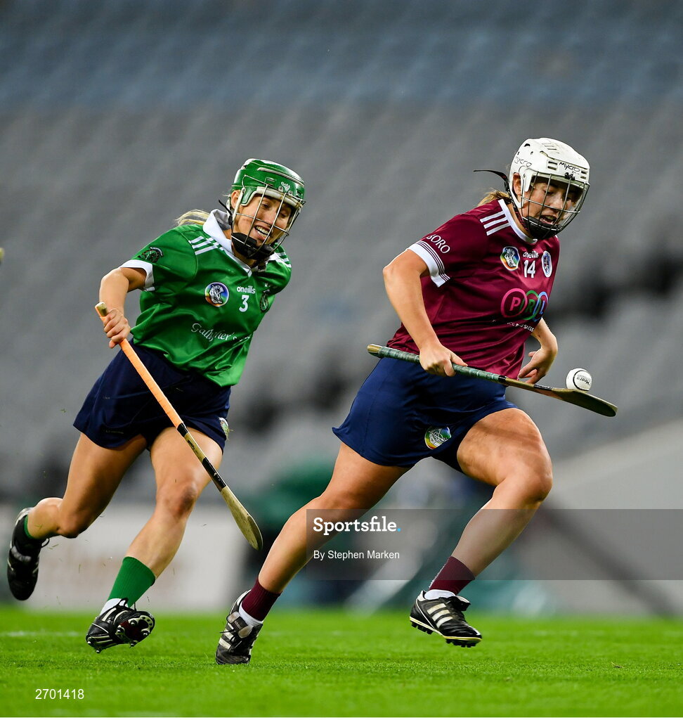 17 December 2023; Orla Hanrick of Dicksboro in action against Laura Ward of Sarsfields during the AIB Camogie All-Ireland Senior Club Championship final match between Dicksboro of Kilkenny and Sarsfields of Galway at Croke Park in Dublin. Photo by Stephen Marken/Sportsfile