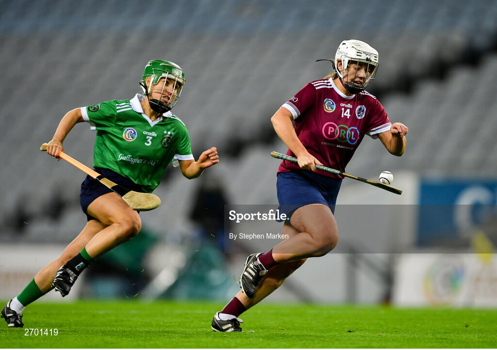 17 December 2023; Orla Hanrick of Dicksboro in action against Laura Ward of Sarsfields during the AIB Camogie All-Ireland Senior Club Championship final match between Dicksboro of Kilkenny and Sarsfields of Galway at Croke Park in Dublin. Photo by Stephen Marken/Sportsfile