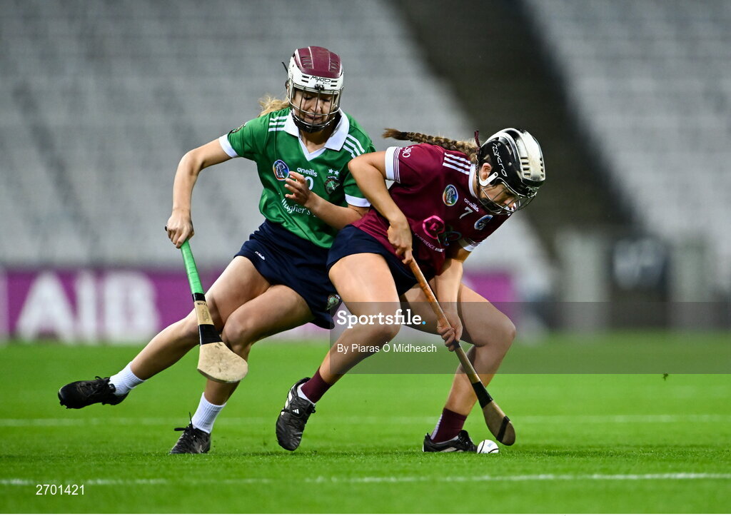 17 December 2023; Ciara Phelan of Dicksboro in action against Klara Donohue of Sarsfields during the AIB Camogie All-Ireland Senior Club Championship final match between Dicksboro of Kilkenny and Sarsfields of Galway at Croke Park in Dublin. Photo by Piaras Ó Mídheach/Sportsfile