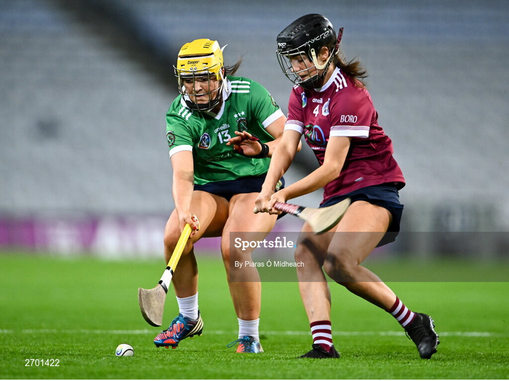 17 December 2023; Shannon Corcoran of Sarsfields in action against Katie Byrne of Dicksboro during the AIB Camogie All-Ireland Senior Club Championship final match between Dicksboro of Kilkenny and Sarsfields of Galway at Croke Park in Dublin. Photo by Piaras Ó Mídheach/Sportsfile