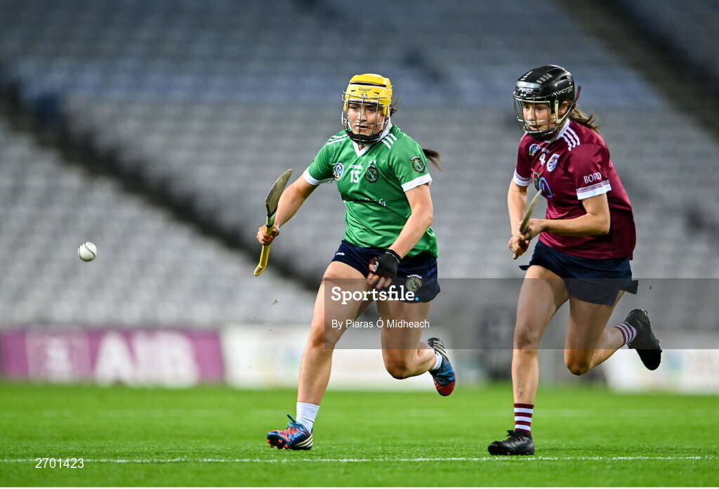 17 December 2023; Shannon Corcoran of Sarsfields in action against Katie Byrne of Dicksboro during the AIB Camogie All-Ireland Senior Club Championship final match between Dicksboro of Kilkenny and Sarsfields of Galway at Croke Park in Dublin. Photo by Piaras Ó Mídheach/Sportsfile