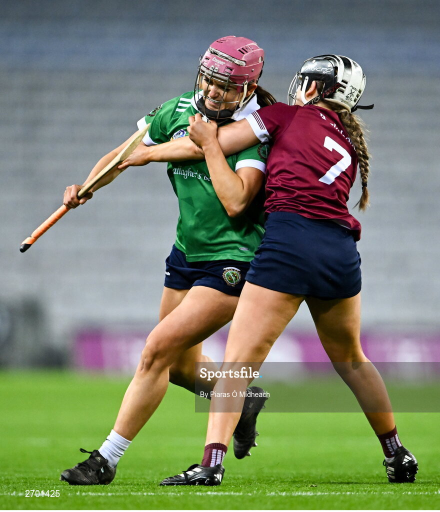 17 December 2023; Orlaith McGrath of Sarsfields in action against Ciara Phelan of Dicksboro during the AIB Camogie All-Ireland Senior Club Championship final match between Dicksboro of Kilkenny and Sarsfields of Galway at Croke Park in Dublin. Photo by Piaras Ó Mídheach/Sportsfile