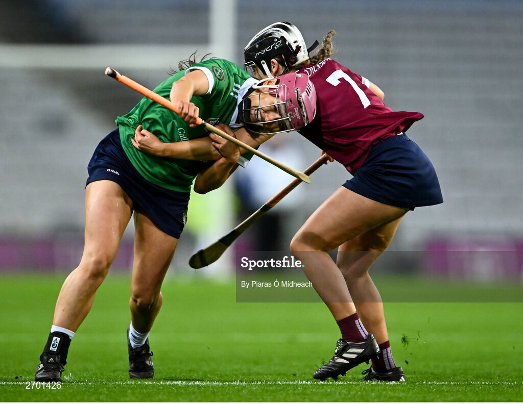 17 December 2023; Orlaith McGrath of Sarsfields in action against Ciara Phelan of Dicksboro during the AIB Camogie All-Ireland Senior Club Championship final match between Dicksboro of Kilkenny and Sarsfields of Galway at Croke Park in Dublin. Photo by Piaras Ó Mídheach/Sportsfile