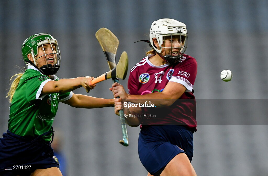 17 December 2023; Orla Hanrick of Dicksboro in action against Laura Ward of Sarsfields during the AIB Camogie All-Ireland Senior Club Championship final match between Dicksboro of Kilkenny and Sarsfields of Galway at Croke Park in Dublin. Photo by Stephen Marken/Sportsfile