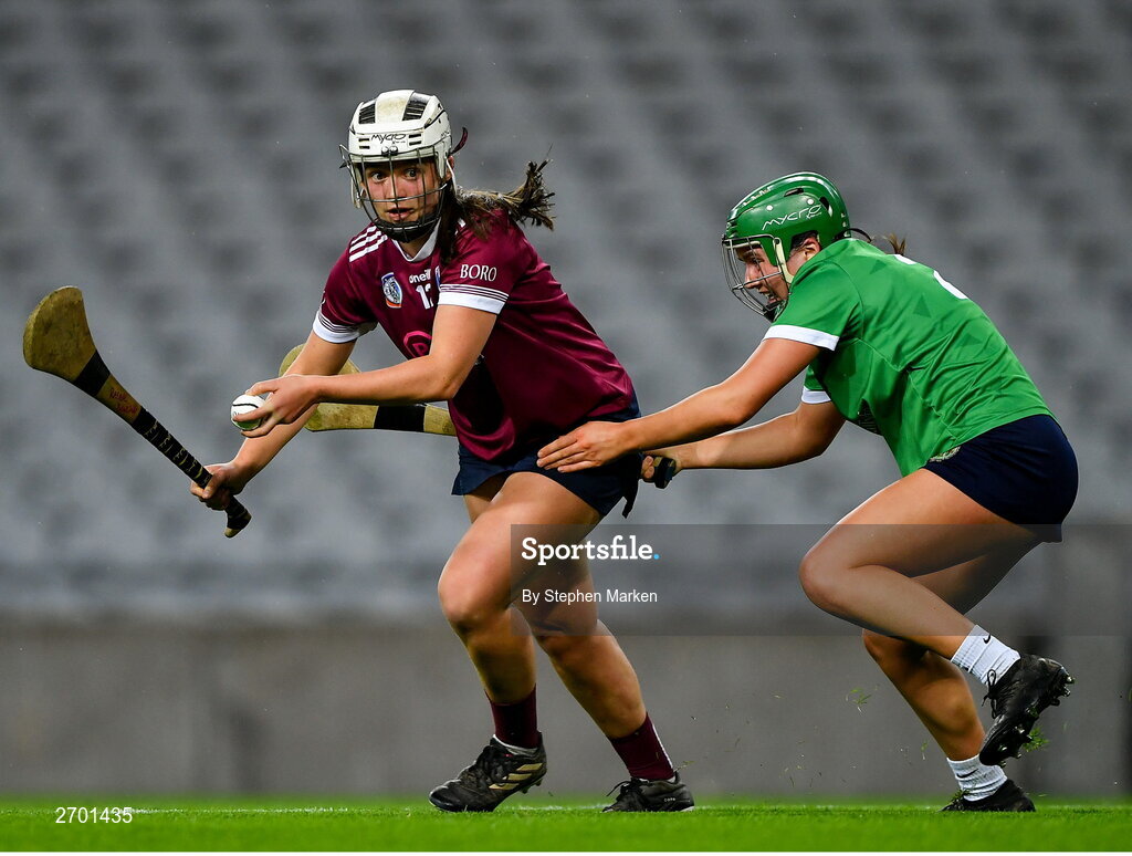17 December 2023; Rachel Dowling of Dicksboro in action against Reitseal Kelly of Sarsfields during the AIB Camogie All-Ireland Senior Club Championship final match between Dicksboro of Kilkenny and Sarsfields of Galway at Croke Park in Dublin. Photo by Stephen Marken/Sportsfile