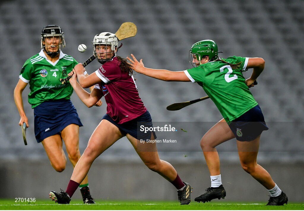 17 December 2023; Rachel Dowling of Dicksboro in action against Reitseal Kelly of Sarsfields during the AIB Camogie All-Ireland Senior Club Championship final match between Dicksboro of Kilkenny and Sarsfields of Galway at Croke Park in Dublin. Photo by Stephen Marken/Sportsfile