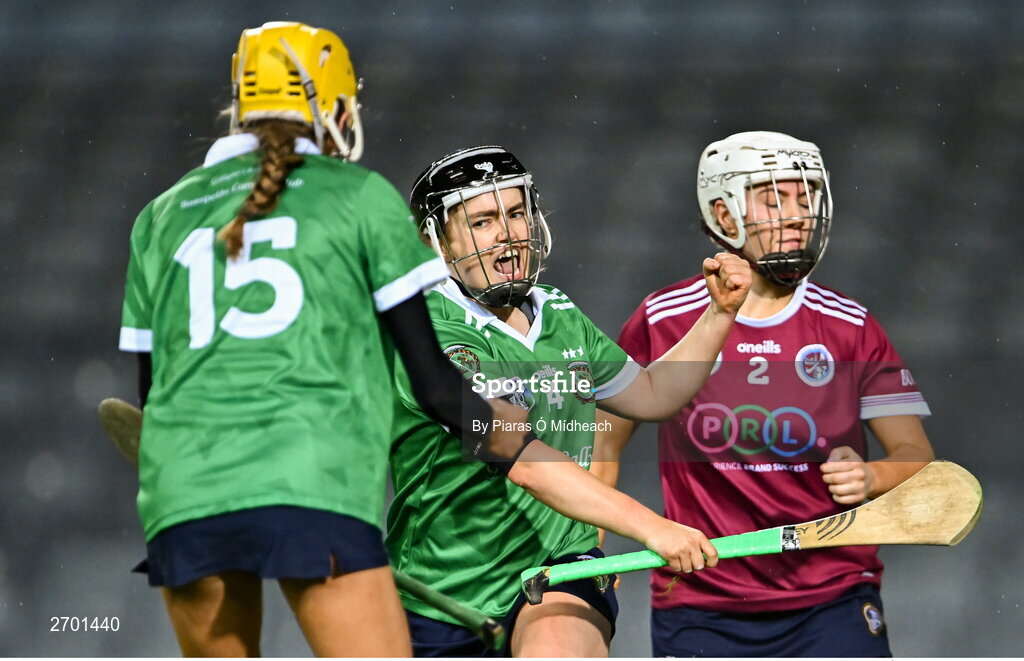 17 December 2023; Siobhán McGrath of Sarsfields, 14, celebrates after scoring her side's first goal during the AIB Camogie All-Ireland Senior Club Championship final match between Dicksboro of Kilkenny and Sarsfields of Galway at Croke Park in Dublin. Photo by Piaras Ó Mídheach/Sportsfile