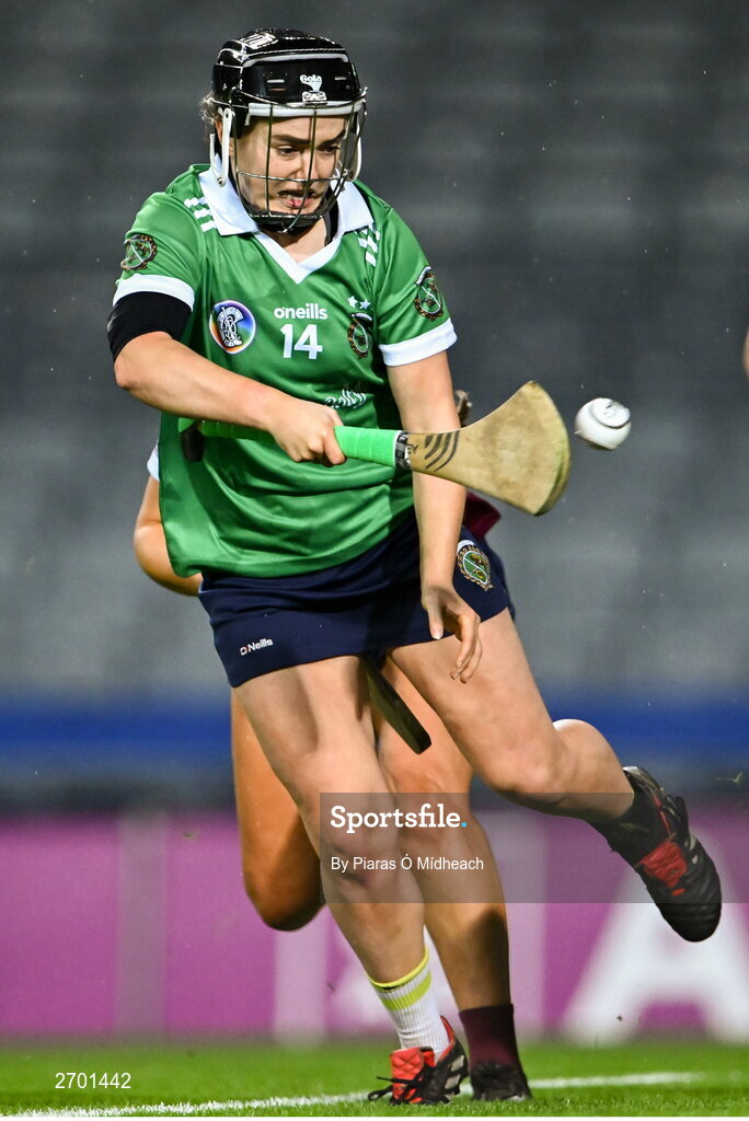 17 December 2023; Siobhán McGrath of Sarsfields shoots to score her side's first goal during the AIB Camogie All-Ireland Senior Club Championship final match between Dicksboro of Kilkenny and Sarsfields of Galway at Croke Park in Dublin. Photo by Piaras Ó Mídheach/Sportsfile