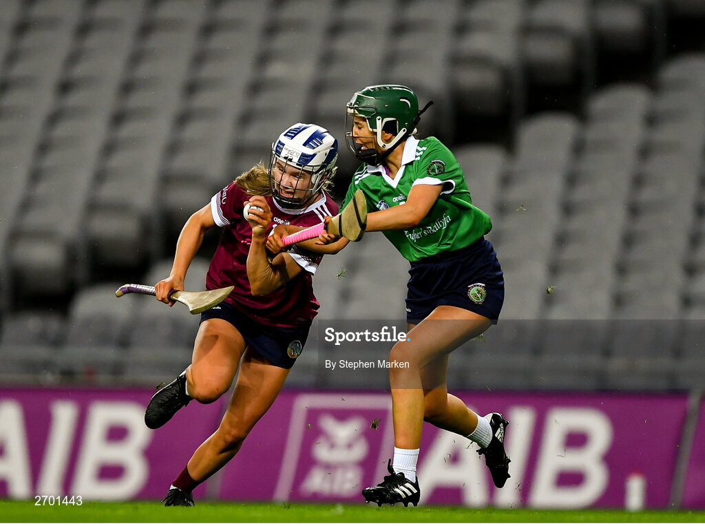 17 December 2023; Asha McHardy of Dicksboro in action against Tara Kenny of Sarsfields during the AIB Camogie All-Ireland Senior Club Championship final match between Dicksboro of Kilkenny and Sarsfields of Galway at Croke Park in Dublin. Photo by Stephen Marken/Sportsfile