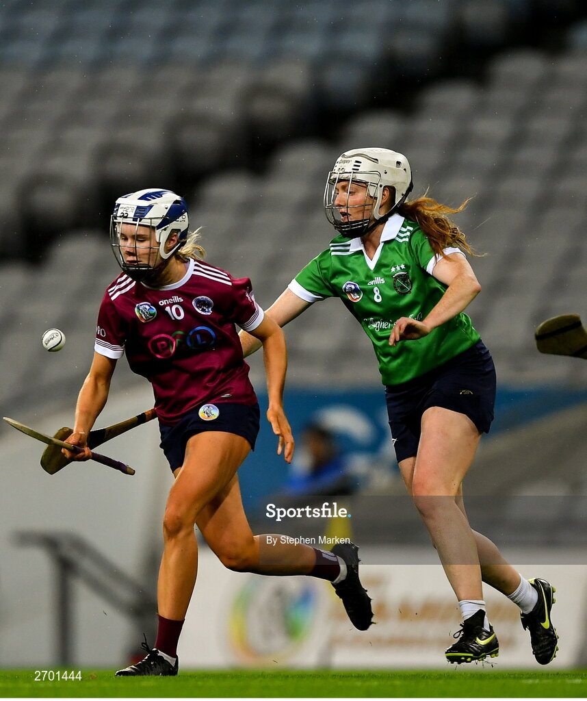 17 December 2023; Asha McHardy of Dicksboro in action against Clodagh McGrath of Sarsfields during the AIB Camogie All-Ireland Senior Club Championship final match between Dicksboro of Kilkenny and Sarsfields of Galway at Croke Park in Dublin. Photo by Stephen Marken/Sportsfile