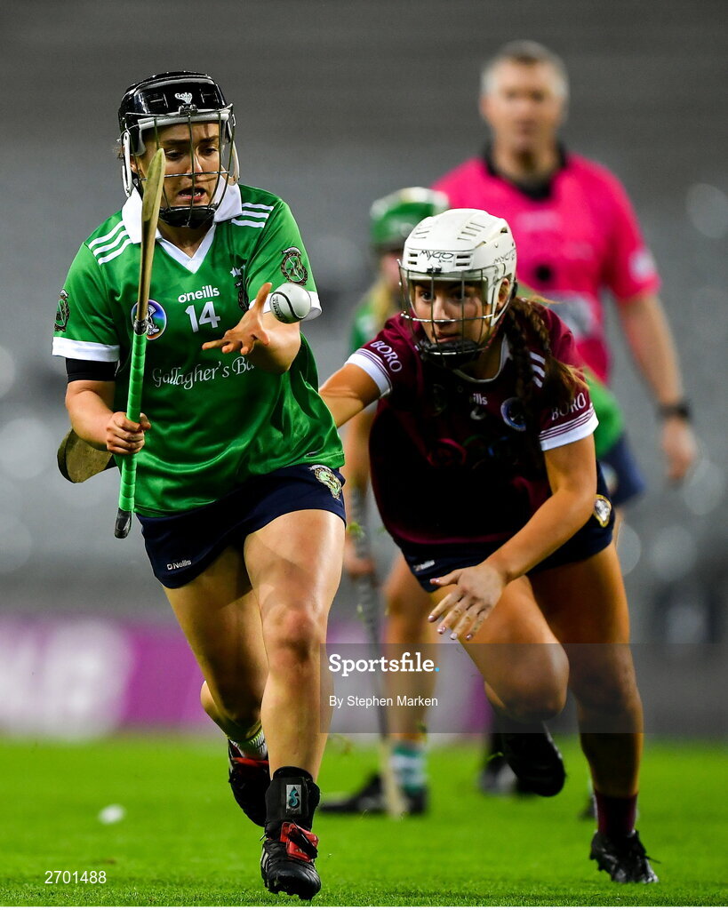 17 December 2023; Siobhán McGrath of Sarsfields in action against Jane Cass of Dicksboro during the AIB Camogie All-Ireland Senior Club Championship final match between Dicksboro of Kilkenny and Sarsfields of Galway at Croke Park in Dublin. Photo by Stephen Marken/Sportsfile