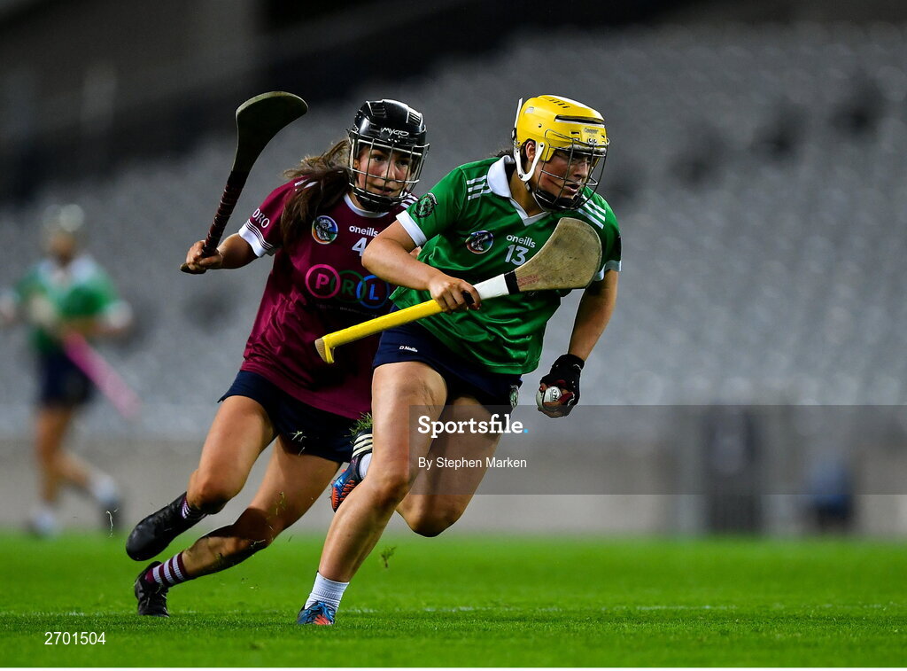17 December 2023; Shannon Corcoran of Sarsfields in action against Katie Byrne of Dicksboro during the AIB Camogie All-Ireland Senior Club Championship final match between Dicksboro of Kilkenny and Sarsfields of Galway at Croke Park in Dublin. Photo by Stephen Marken/Sportsfile