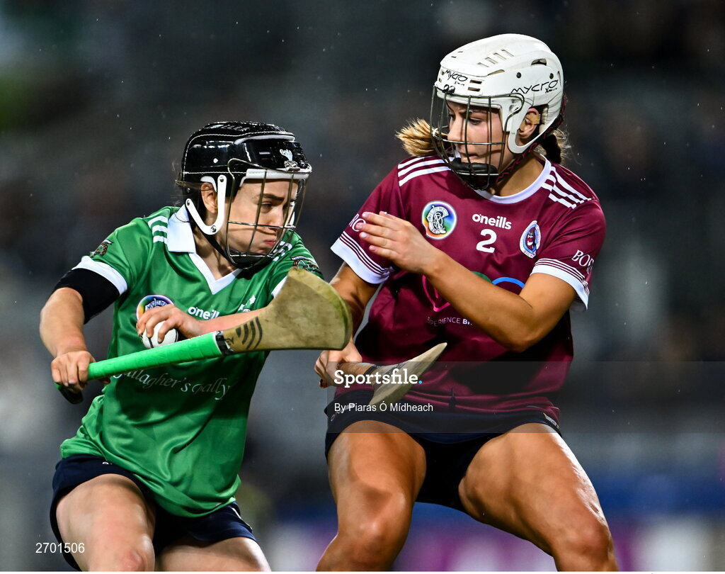 17 December 2023; Siobhán McGrath of Sarsfields in action against Jane Cass of Dicksboro during the AIB Camogie All-Ireland Senior Club Championship final match between Dicksboro of Kilkenny and Sarsfields of Galway at Croke Park in Dublin. Photo by Piaras Ó Mídheach/Sportsfile