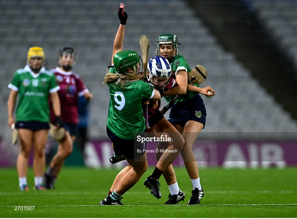 17 December 2023; Asha McHardy of Dicksboro in action against Sarah Spellman, left, and Tara Kenny of Sarsfields during the AIB Camogie All-Ireland Senior Club Championship final match between Dicksboro of Kilkenny and Sarsfields of Galway at Croke Park in Dublin. Photo by Piaras Ó Mídheach/Sportsfile