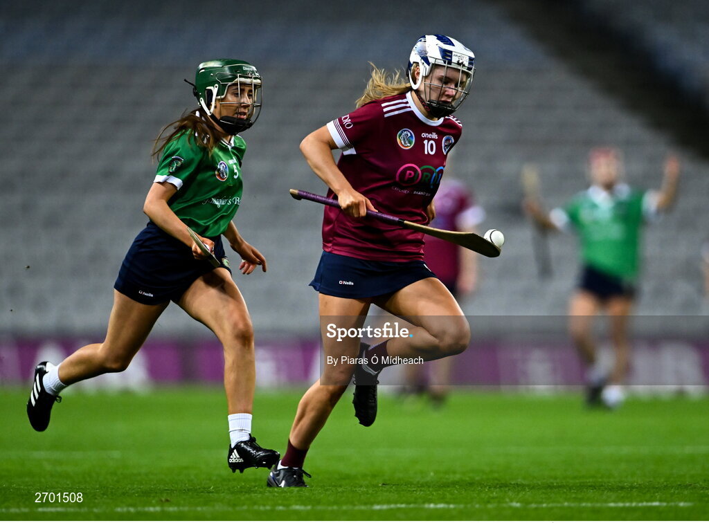 17 December 2023; Asha McHardy of Dicksboro in action against Tara Kenny of Sarsfields during the AIB Camogie All-Ireland Senior Club Championship final match between Dicksboro of Kilkenny and Sarsfields of Galway at Croke Park in Dublin. Photo by Piaras Ó Mídheach/Sportsfile