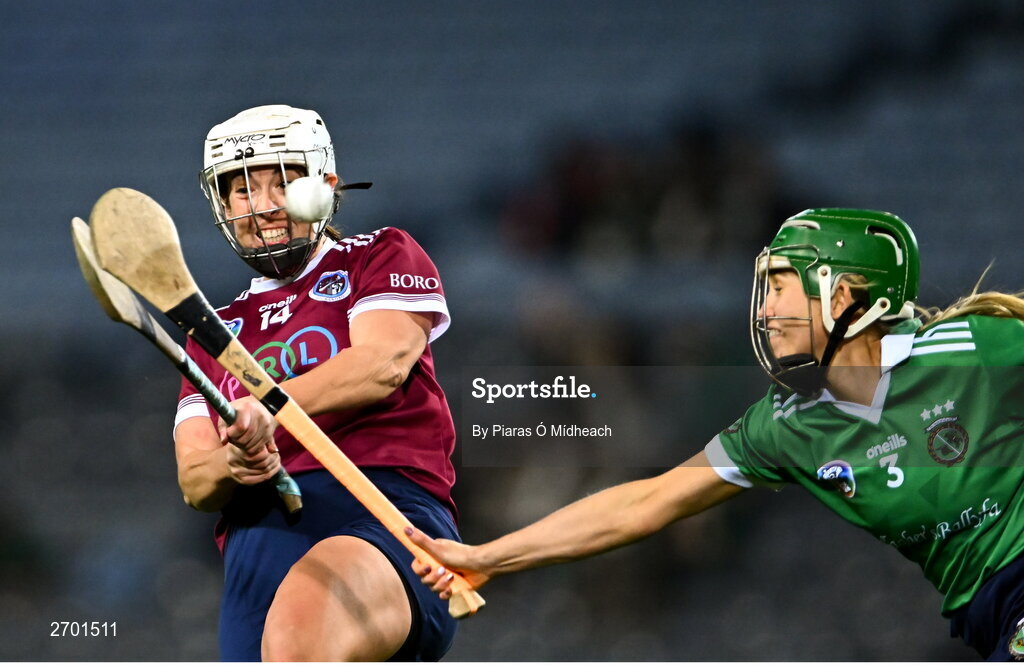 17 December 2023; Orla Hanrick of Dicksboro is blocked down by Laura Ward of Sarsfields during the AIB Camogie All-Ireland Senior Club Championship final match between Dicksboro of Kilkenny and Sarsfields of Galway at Croke Park in Dublin. Photo by Piaras Ó Mídheach/Sportsfile