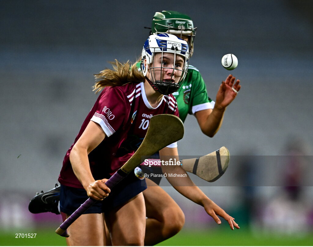 17 December 2023; Asha McHardy of Dicksboro in action against Tara Kenny of Sarsfields during the AIB Camogie All-Ireland Senior Club Championship final match between Dicksboro of Kilkenny and Sarsfields of Galway at Croke Park in Dublin. Photo by Piaras Ó Mídheach/Sportsfile