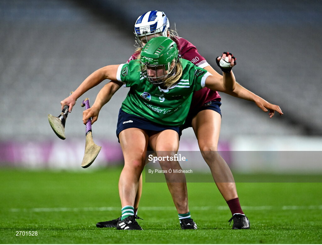 17 December 2023; Sarah Spellman of Sarsfields in action against Asha McHardy of Dicksboro during the AIB Camogie All-Ireland Senior Club Championship final match between Dicksboro of Kilkenny and Sarsfields of Galway at Croke Park in Dublin. Photo by Piaras Ó Mídheach/Sportsfile