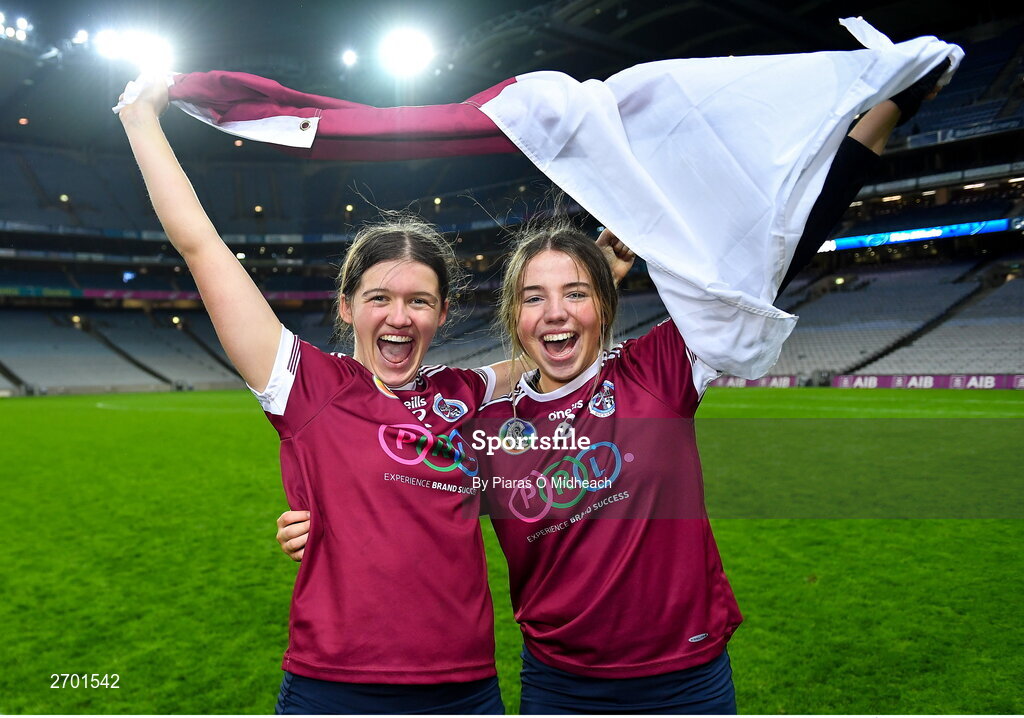 17 December 2023; Dicksboro players Rachel Dowling, left, and Tara McGrath celebrate after their side's victory in the AIB Camogie All-Ireland Senior Club Championship final match between Dicksboro of Kilkenny and Sarsfields of Galway at Croke Park in Dublin. Photo by Piaras Ó Mídheach/Sportsfile