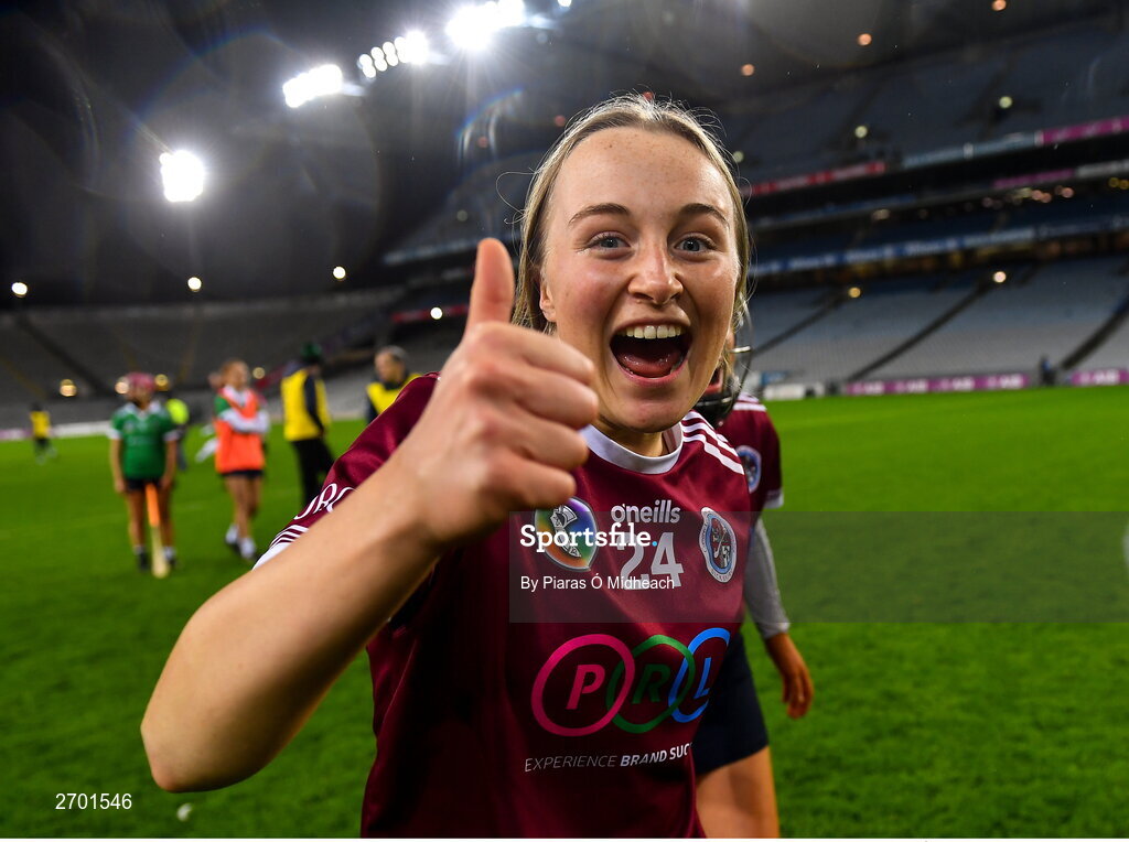 17 December 2023; Aisling Browne of Dicksboro celebrates after her side's victory in the AIB Camogie All-Ireland Senior Club Championship final match between Dicksboro of Kilkenny and Sarsfields of Galway at Croke Park in Dublin. Photo by Piaras Ó Mídheach/Sportsfile