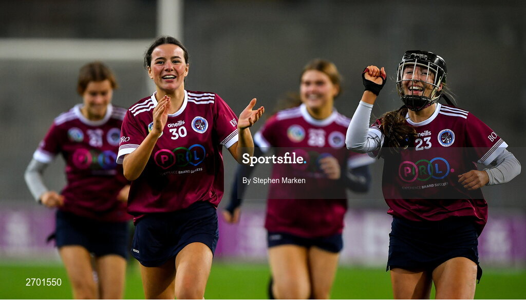 17 December 2023; Sheena Warde, left, and Ciara Ward of Sarsfields after their side's victory in the AIB Camogie All-Ireland Senior Club Championship final match between Dicksboro of Kilkenny and Sarsfields of Galway at Croke Park in Dublin. Photo by Stephen Marken/Sportsfile
